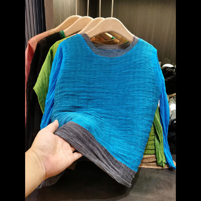 High-End Casual Polyester Pleated Long Sleeve Pullover T-Shirt Simple Versatile Loose Plus Size Top Autumn Spring Color-Block