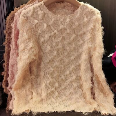 High end pleated solid color round neck long sleeved loose fit, stylish slimming T-shirt top