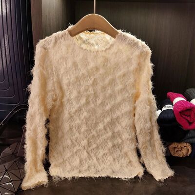 High end pleated solid color round neck long sleeved loose fit, stylish slimming T-shirt top