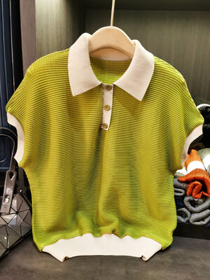 Summer High-End Slimming Short-Sleeve T-Shirt Loose Casual Corn Grain Color-Blocked Lapel Top Anti-Pilling Feature