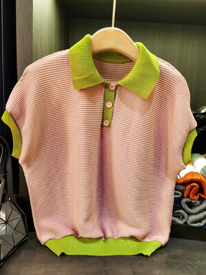 Summer High-End Slimming Short-Sleeve T-Shirt Loose Casual Corn Grain Color-Blocked Lapel Top Anti-Pilling Feature