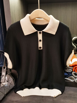 Summer High-End Slimming Short-Sleeve T-Shirt Loose Casual Corn Grain Color-Blocked Lapel Top Anti-Pilling Feature