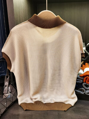 Summer High-End Slimming Short-Sleeve T-Shirt Loose Casual Corn Grain Color-Blocked Lapel Top Anti-Pilling Feature