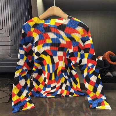 Autumn Women's Cross-Border Niche Geometric Print Top Neck T-Shirt Bat Wing Sleeves Made Versatile Polyester Knitted New Casual