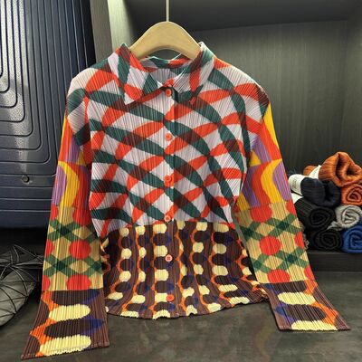 High-End Niche Design Geometric Color-Block Print Turn-Down Collar Long Sleeve Shirt Elegant Casual Simple Versatile Top