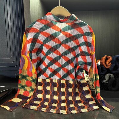 High-End Niche Design Geometric Color-Block Print Turn-Down Collar Long Sleeve Shirt Elegant Casual Simple Versatile Top