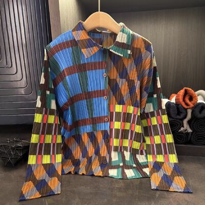 High-End Niche Design Geometric Color-Block Print Turn-Down Collar Long Sleeve Shirt Elegant Casual Simple Versatile Top