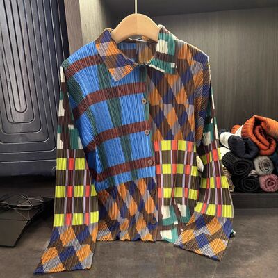 High-End Niche Design Geometric Color-Block Print Turn-Down Collar Long Sleeve Shirt Elegant Casual Simple Versatile Top