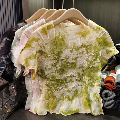 Women's Handmade Pleated T-Shirt Top Sense Niche Design with  Short-Sleeves Stretch Flower Pattern Hand-Kneading Crafted