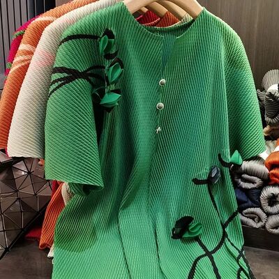 Women's Summer Tops Casual V Neck Bat Sleeves Fish Scale Pleats Pure Color Loose Large Size