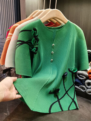 Women's Summer Tops Casual V Neck Bat Sleeves Fish Scale Pleats Pure Color Loose Large Size