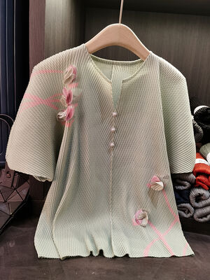 Women's Summer Tops Casual V Neck Bat Sleeves Fish Scale Pleats Pure Color Loose Large Size