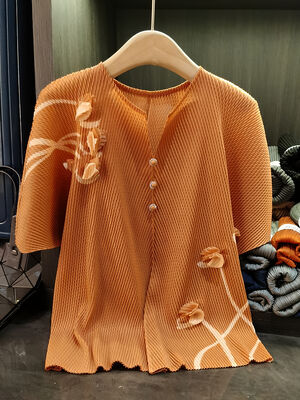 Women's Summer Tops Casual V Neck Bat Sleeves Fish Scale Pleats Pure Color Loose Large Size