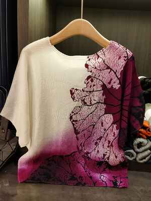 Women's Summer Retro Ink Gradient Printing Round Neck Top Breathable Thin Knitted All-Match T-Shirt New Loose Casual Style