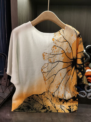 Women's Summer Retro Ink Gradient Printing Round Neck Top Breathable Thin Knitted All-Match T-Shirt New Loose Casual Style