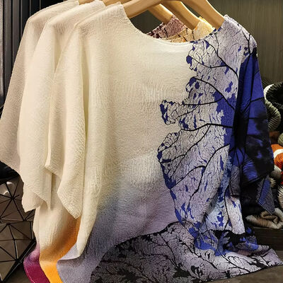 Women's Summer Retro Ink Gradient Printing Round Neck Top Breathable Thin Knitted All-Match T-Shirt New Loose Casual Style