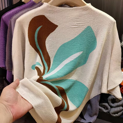 Women's Elegant Casual Printed Pleated Top All-Season Bat-Sleeve T-Shirt Age-Reducing Loose Flesh Covering Knitted Summer