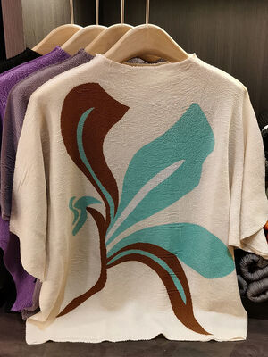 Women's Elegant Casual Printed Pleated Top All-Season Bat-Sleeve T-Shirt Age-Reducing Loose Flesh Covering Knitted Summer