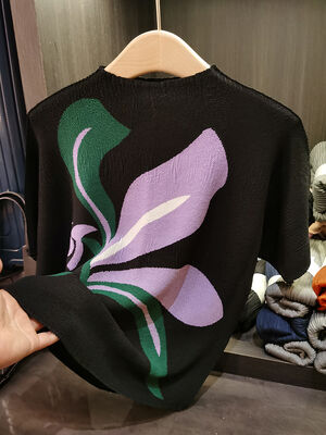 Women's Elegant Casual Printed Pleated Top All-Season Bat-Sleeve T-Shirt Age-Reducing Loose Flesh Covering Knitted Summer