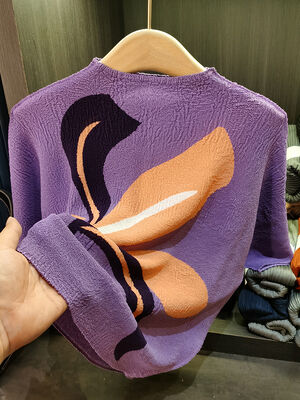 Women's Elegant Casual Printed Pleated Top All-Season Bat-Sleeve T-Shirt Age-Reducing Loose Flesh Covering Knitted Summer