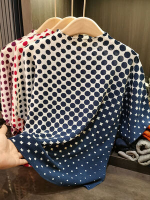 Classic Women's Summer for Polo T-Shirt New Loose Slimming All-Match Bat Sleeve Dot Pattern Short Length Casual Knitted Fabric