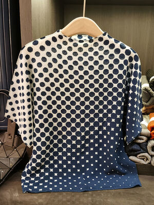 Classic Women's Summer for Polo T-Shirt New Loose Slimming All-Match Bat Sleeve Dot Pattern Short Length Casual Knitted Fabric