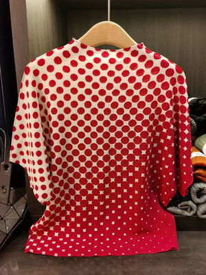 Classic Women's Summer for Polo T-Shirt New Loose Slimming All-Match Bat Sleeve Dot Pattern Short Length Casual Knitted Fabric