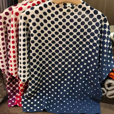 Classic Women's Summer for Polo T-Shirt New Loose Slimming All-Match Bat Sleeve Dot Pattern Short Length Casual Knitted Fabric