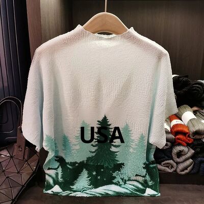 Casual Women's Summer Joker 3D Printed Bat Sleeve T-Shirt Large Size Slim Anti-Pilling Knitted Fabric Stylish Collar Loose