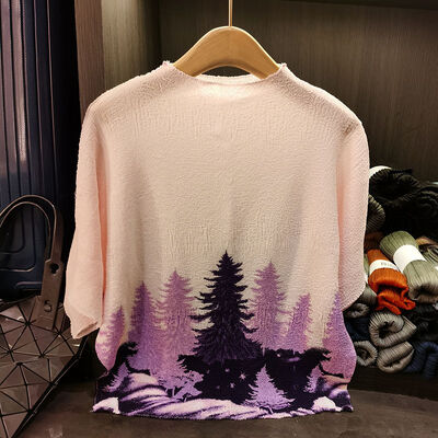 Casual Women's Summer Joker 3D Printed Bat Sleeve T-Shirt Large Size Slim Anti-Pilling Knitted Fabric Stylish Collar Loose