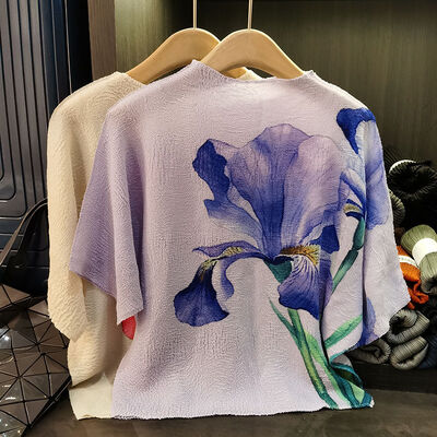 High-End Summer T-Shirt Loose Breathable Slimming Bat Sleeve with O-Neck Versatile Flower Print Casual Knitted Top