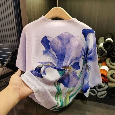 High-End Summer T-Shirt Loose Breathable Slimming Bat Sleeve with O-Neck Versatile Flower Print Casual Knitted Top