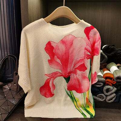 High-End Summer T-Shirt Loose Breathable Slimming Bat Sleeve with O-Neck Versatile Flower Print Casual Knitted Top