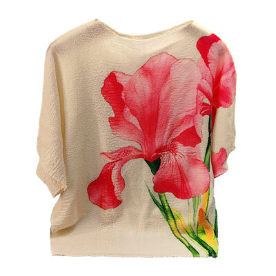 High-End Summer T-Shirt Loose Breathable Slimming Bat Sleeve with O-Neck Versatile Flower Print Casual Knitted Top