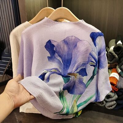 High-End Summer T-Shirt Loose Breathable Slimming Bat Sleeve with O-Neck Versatile Flower Print Casual Knitted Top