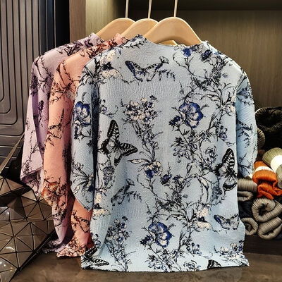 Women's Summer New Fashion Elegant Loose Casual Batwing Sleeve T-Shirt Small Floral Top Stand Collar Made Polyester Knitted