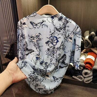 Women's Summer New Fashion Elegant Loose Casual Batwing Sleeve T-Shirt Small Floral Top Stand Collar Made Polyester Knitted
