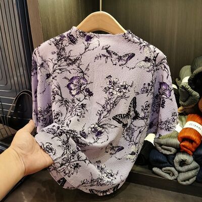Women's Summer New Fashion Elegant Loose Casual Batwing Sleeve T-Shirt Small Floral Top Stand Collar Made Polyester Knitted