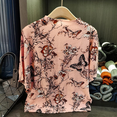 Women's Summer New Fashion Elegant Loose Casual Batwing Sleeve T-Shirt Small Floral Top Stand Collar Made Polyester Knitted