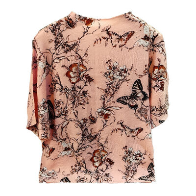Women's Summer New Fashion Elegant Loose Casual Batwing Sleeve T-Shirt Small Floral Top Stand Collar Made Polyester Knitted