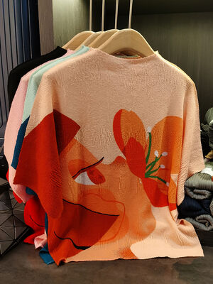 High-End Women's Summer Slimming Short-Sleeved T-Shirt New Western-Style Printed Loose Plus Size Belly Covering Casual Knitted