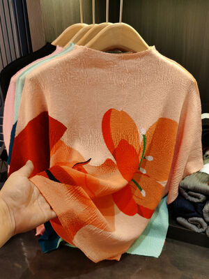 High-End Women's Summer Slimming Short-Sleeved T-Shirt New Western-Style Printed Loose Plus Size Belly Covering Casual Knitted