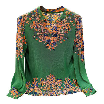 New Chinese National Style Long-Sleeved T-Shirt Retro Small Floral Pattern Summer Pleated Top Loose Anti-Pilling Knitted