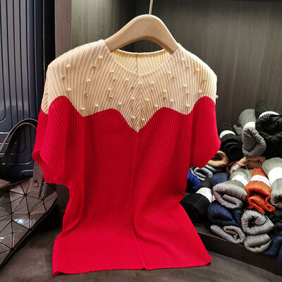 Women's High-End Dragon Scale Pleated Top Spring Summer T-Shirt Contrast Beaded Neck Slimming Casual Short Sleeve Loose Solid