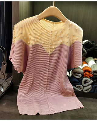 Women's High-End Dragon Scale Pleated Top Spring Summer T-Shirt Contrast Beaded Neck Slimming Casual Short Sleeve Loose Solid