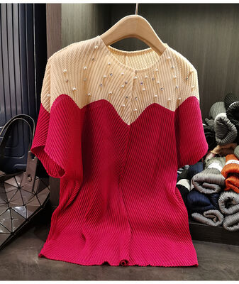 Women's High-End Dragon Scale Pleated Top Spring Summer T-Shirt Contrast Beaded Neck Slimming Casual Short Sleeve Loose Solid