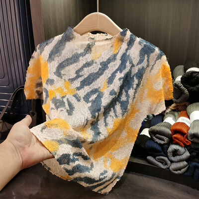 Women's New Summer Slim Fit Pleated T-Shirt Leopard Print Round Neck Short Sleeve Pullover Comfortable Casual Polyester