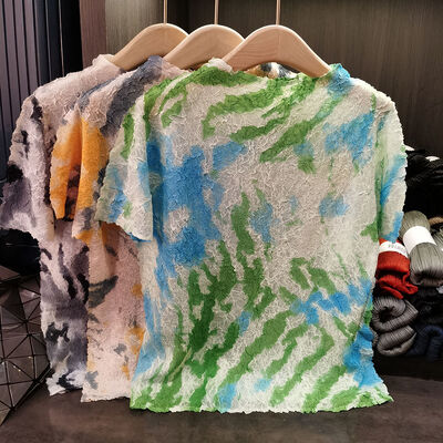 Women's New Summer Slim Fit Pleated T-Shirt Leopard Print Round Neck Short Sleeve Pullover Comfortable Casual Polyester