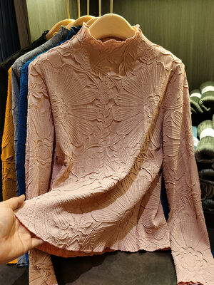 Japanese Pleated Stand Collar Long Sleeve T-shirt Top Printed Pleated Embodying Pleated Process Makes Flower Fashionable