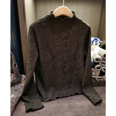 Japanese Pleated Stand Collar Long Sleeve T-shirt Top Printed Pleated Embodying Pleated Process Makes Flower Fashionable